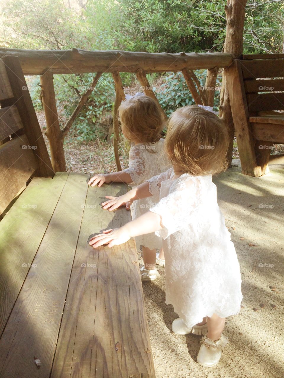 Identical blonde toddler baby girls propping selves up on wooden bench in white lace dresses in garden atrium 