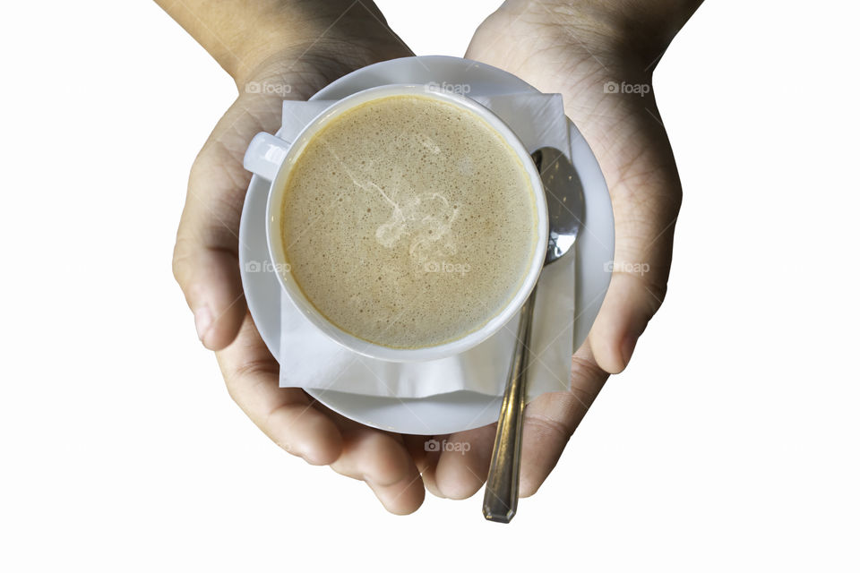 Isolated Hand holding Hot coffee Put a glass of white on a white background.