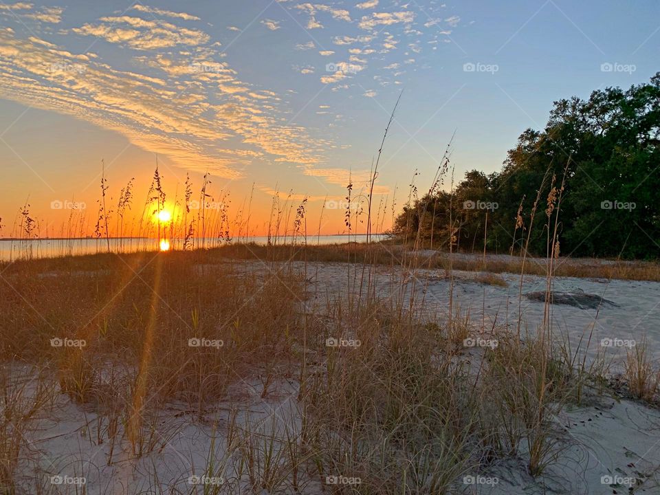 Tall grasses, sugar-white sand, warm Gulf waters and passing clouds accompany a flamboyant descending orange sunset