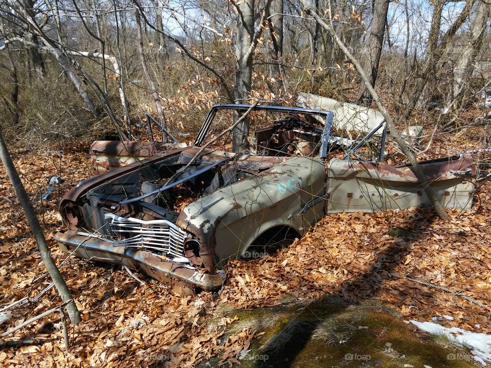 Vintage automobile abandoned among the autumn's foliage in the woods [original photo].