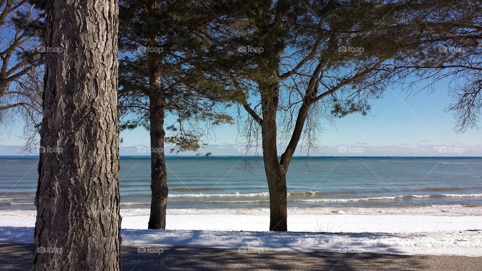 View of a lake during snow fall