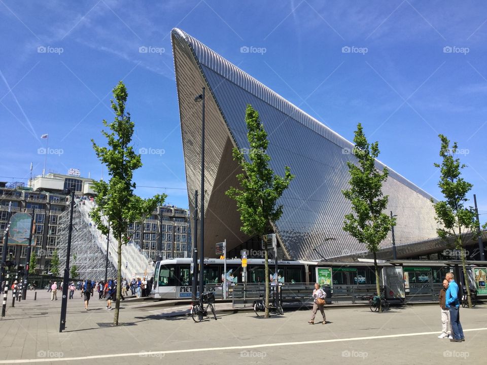 Image of railway station and train in center of Rotterdam 
