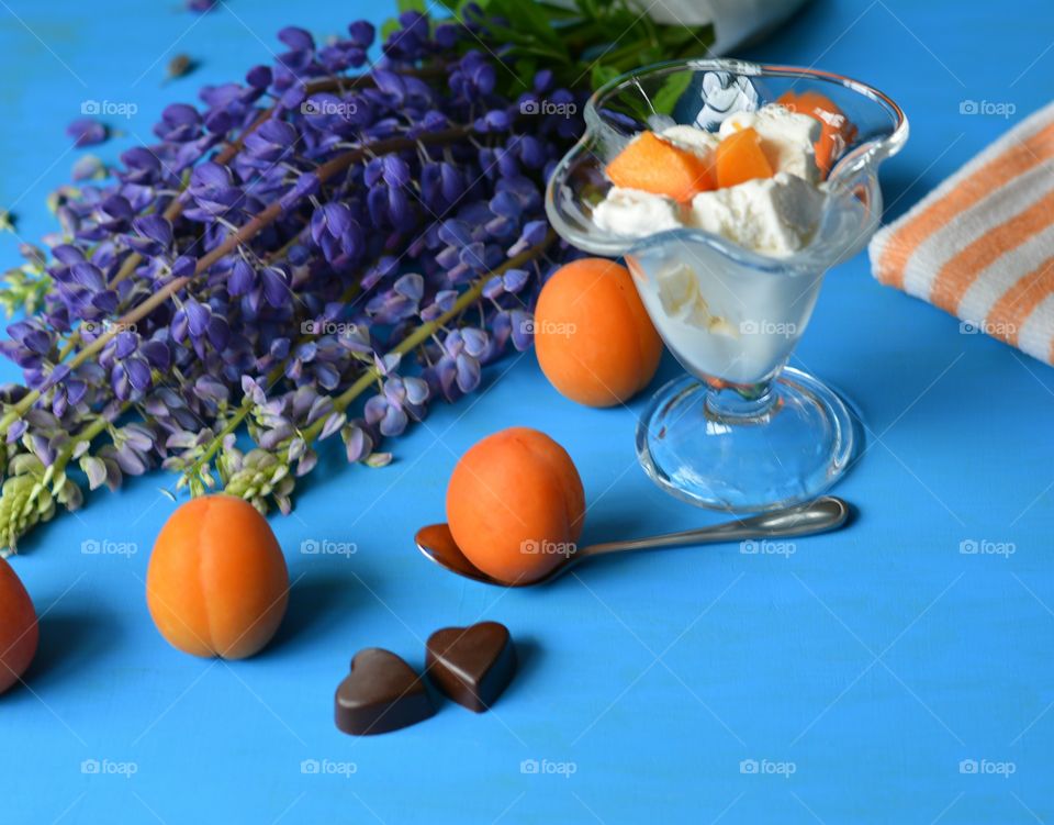 Fruits and ice cream and heart shape chocolates