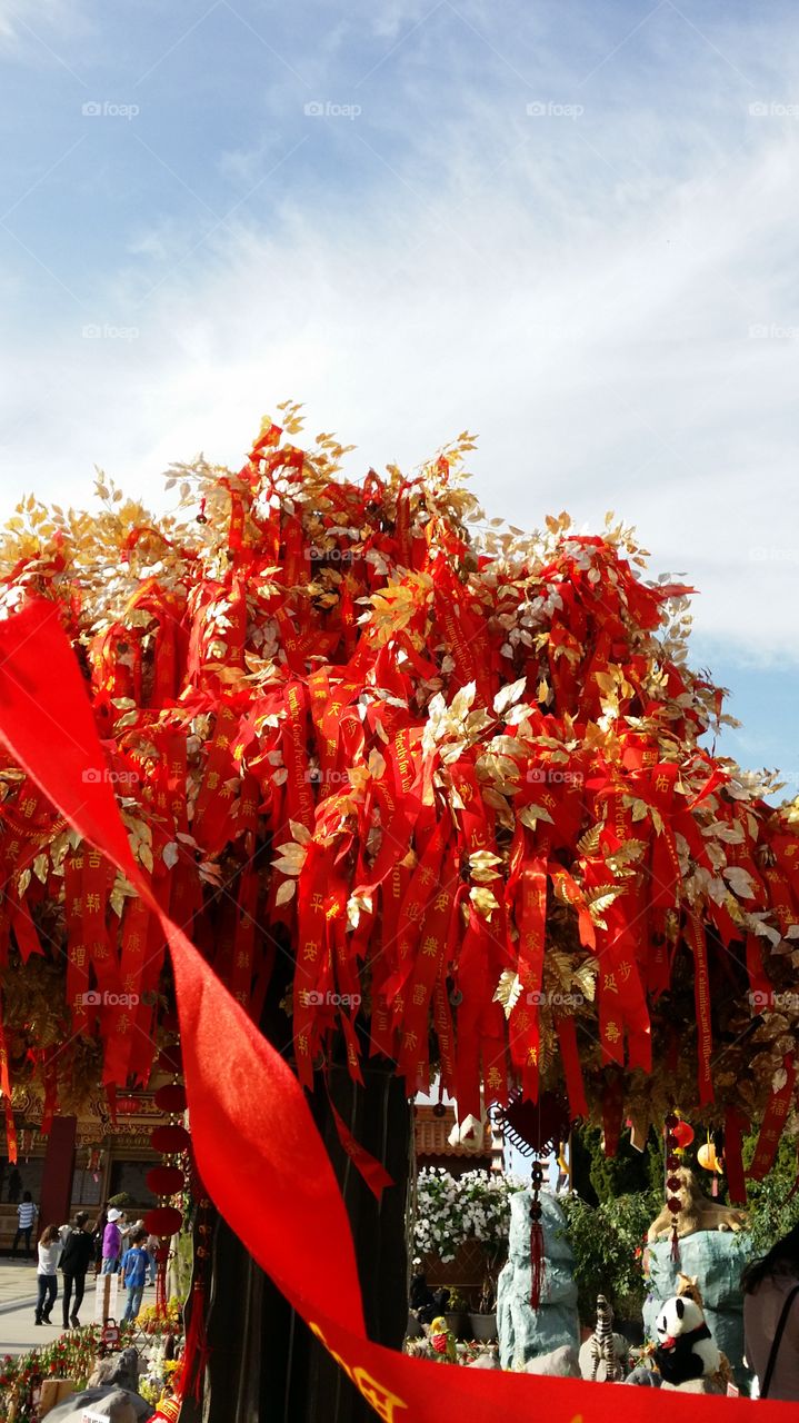 Tree of Good Fortune 2015. Hsi Lai Temple Chinese New Year Celebration. Year of the Ram 2015. Throw a red ribbon attached to a coin for good luck. The higher it lands, the better the luck for the year!