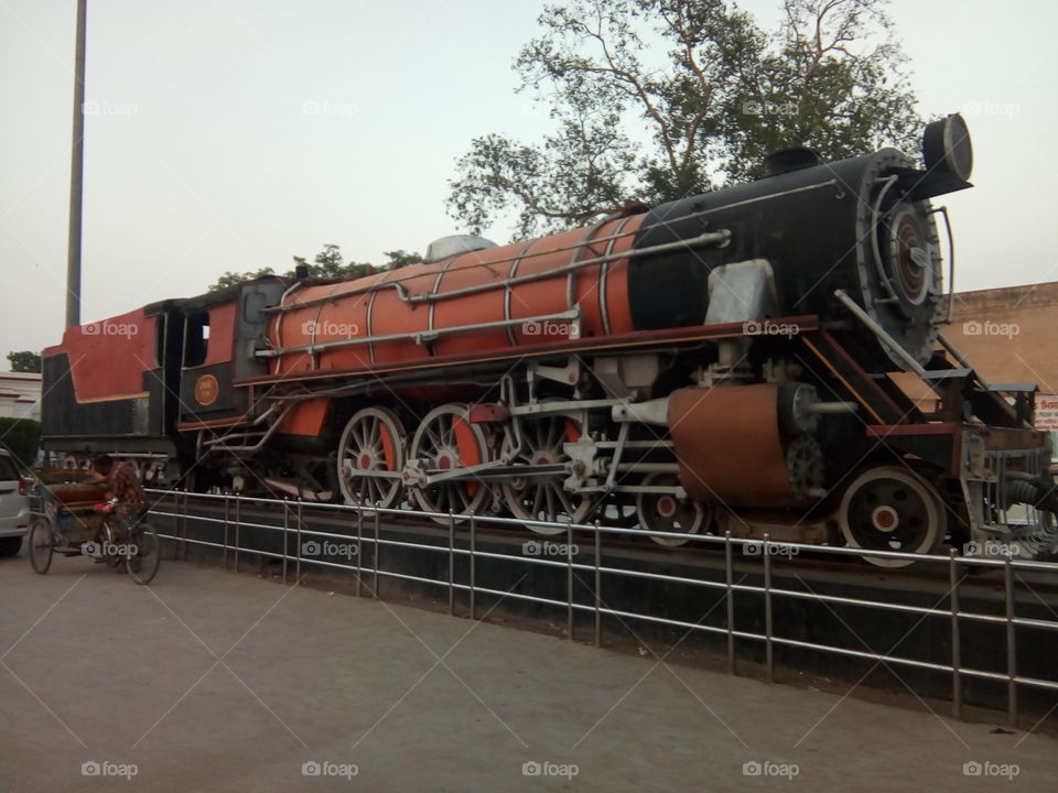 old antique coal rail engine demonstrated and kept at railway staion city Patiala, Punjab, India.
