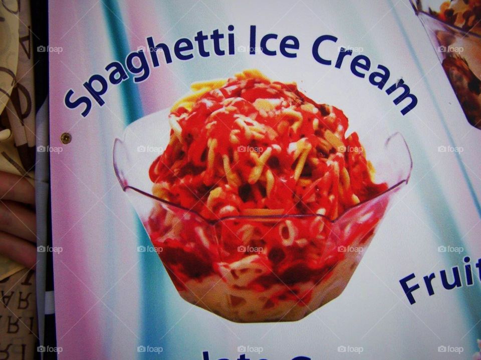 Spaghetti ice cream — off a menu in the village of Oia on the isle of Santorini in Greece