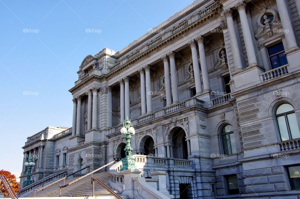 Front entrance of ornate library of congress building in Washington DC