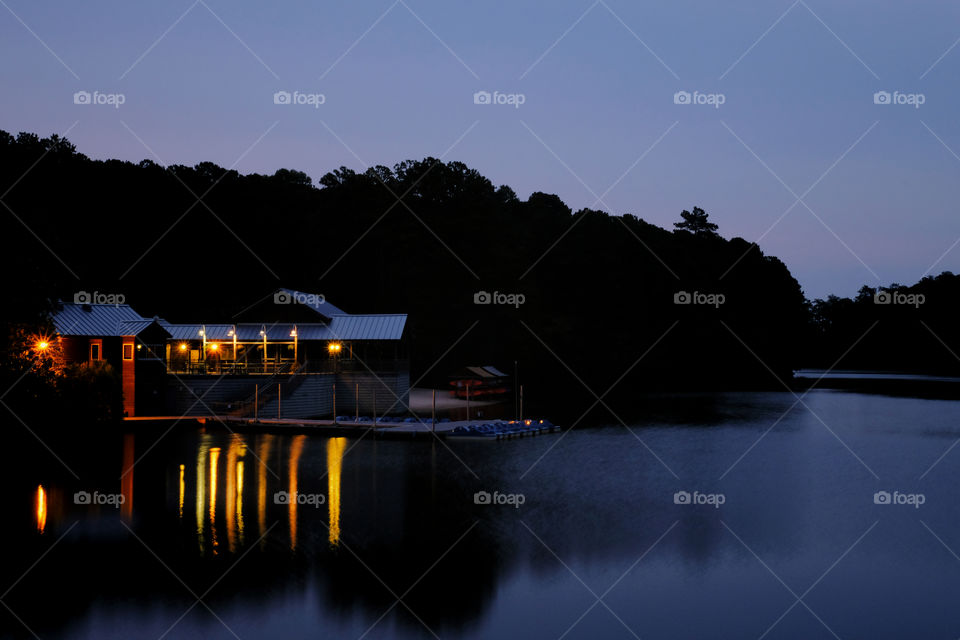 Boathouse at twilight at Lake Johnson in Raleigh North Carolina 