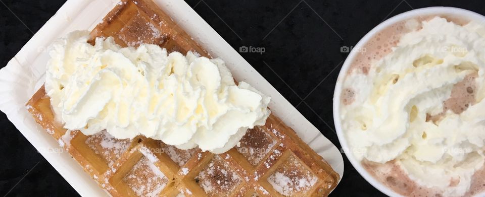 Belgian waffles and a hot chocolate with whipped cream