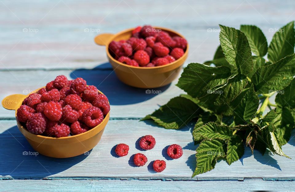 Summer time, delicious ripe raspberries fresh harvest in a cup, on a blue wooden background