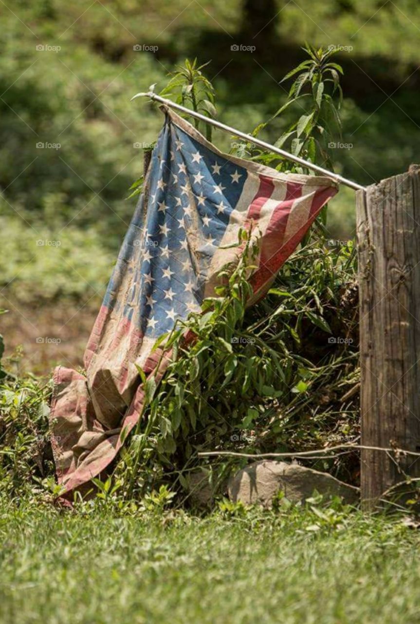 American flag, torn and tattered after flooding in WV 2016
