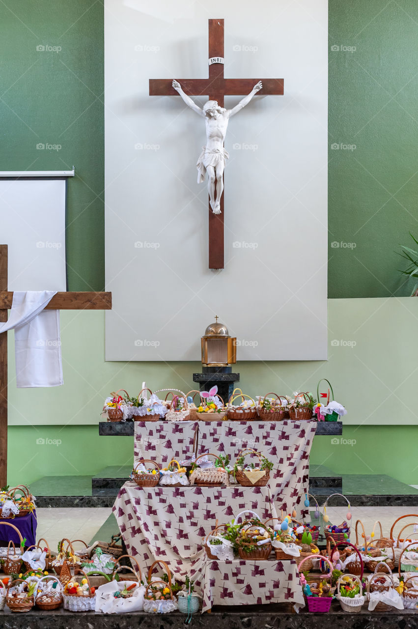 Easter food baskets left at the altar for traditional blessing in the church.