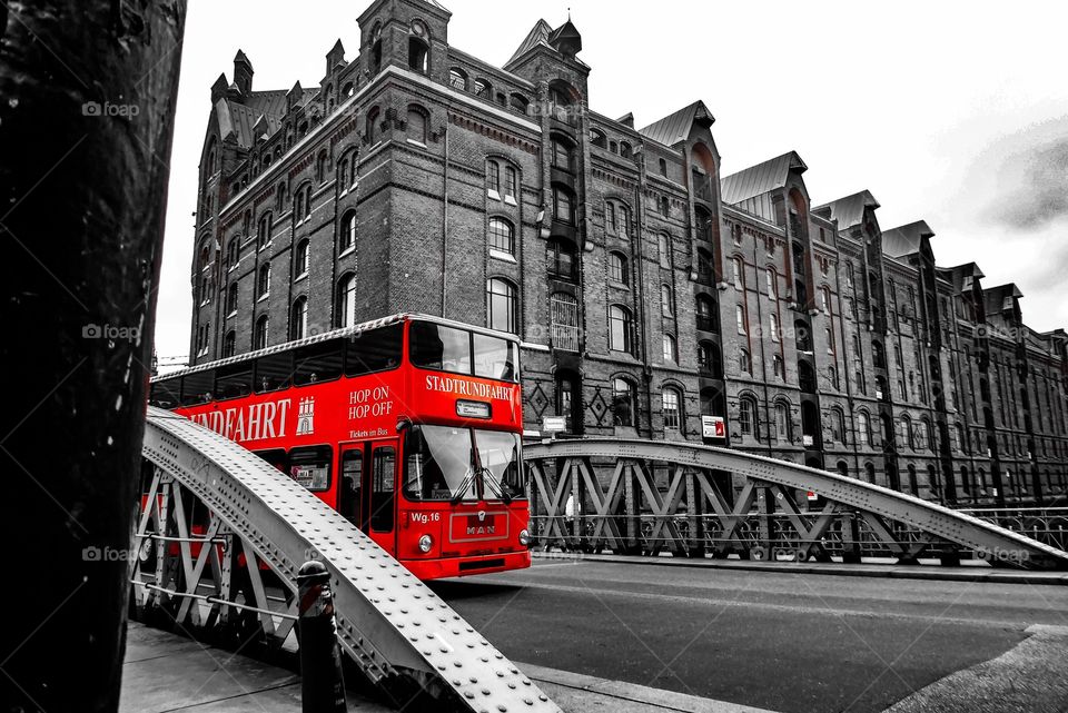 City tour with a red bus. Speicherstadt Hamburg Germany 