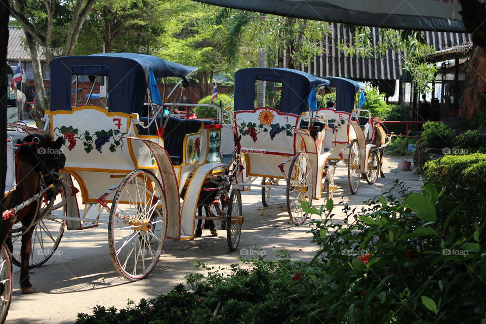 Row of horse drawn carriages at Pattaya Thailand - January 2016