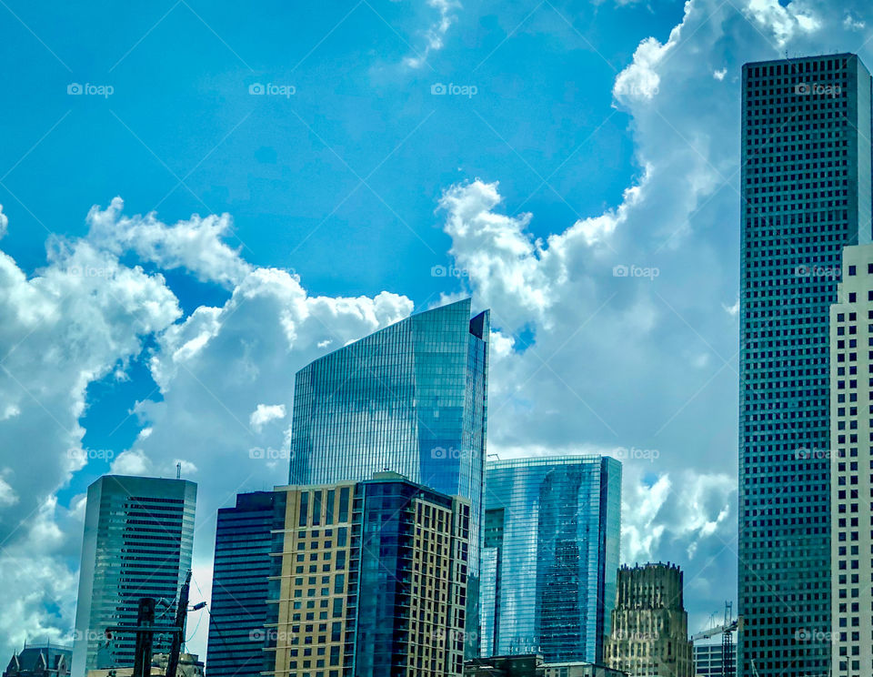 Foap Mission Cityscapes! Downtown Houston Skyline With Blue Sky and Billowy Clouds!