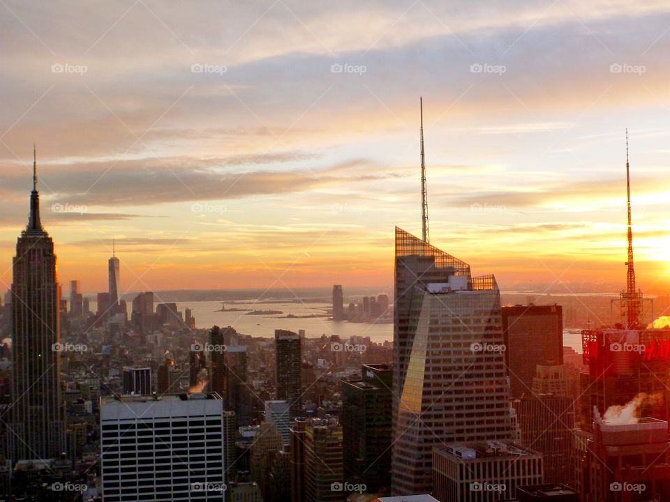 High angle view of new york city during sunset