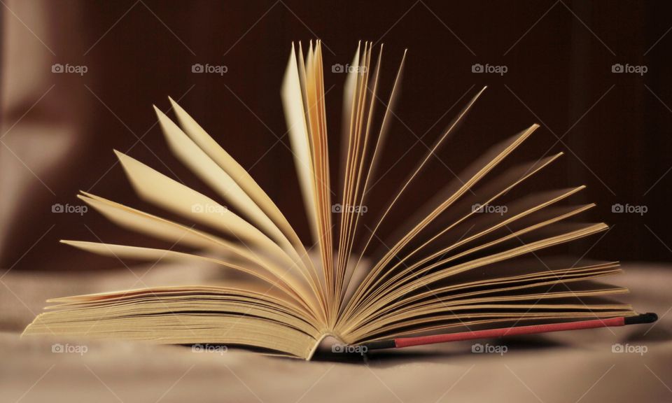 An open book on a brown background