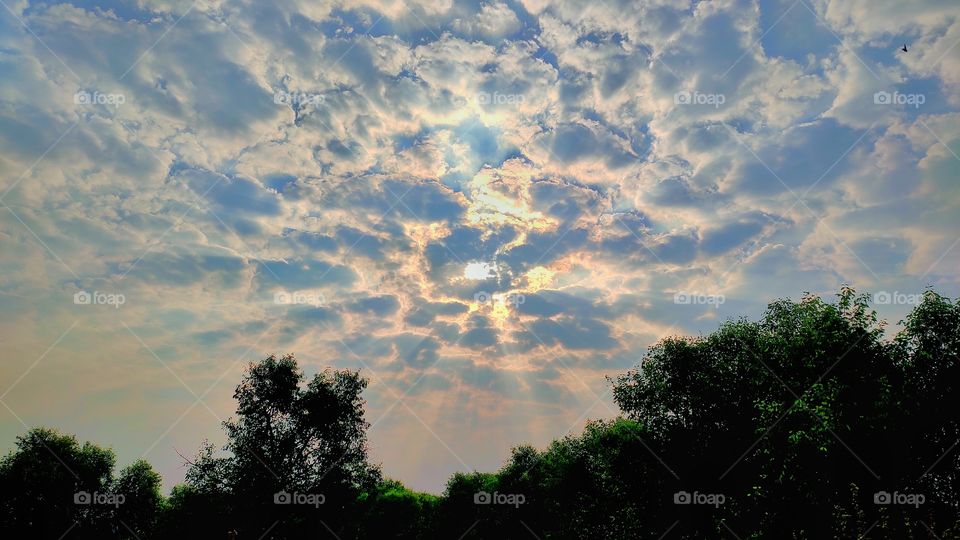 beautiful sunrays spreading through the clouds.