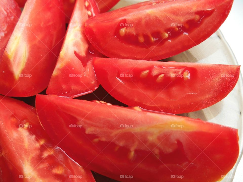 Extreme close-up of sliced tomatoes