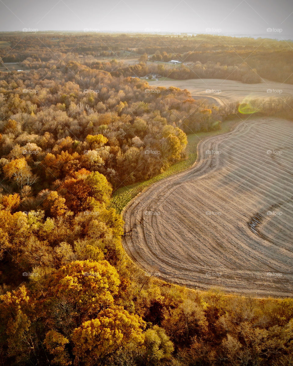 Aerial view of the countryside in autumn color.