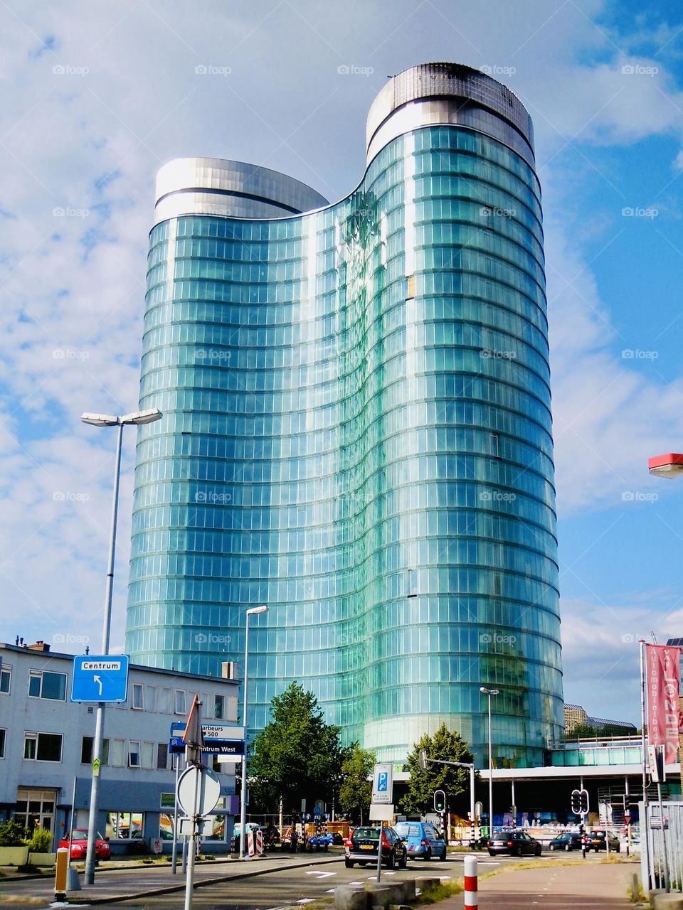 An office tower shaped like a pair of binoculars. 