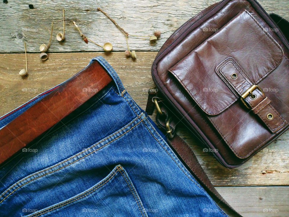 jeans and leather bag