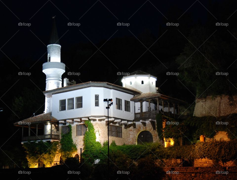 A palace building in the town of Balchik at night