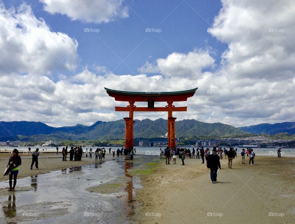 The great Torii Miyajima Japan.  This is low tide.  At high tide, this striking shrine is under water