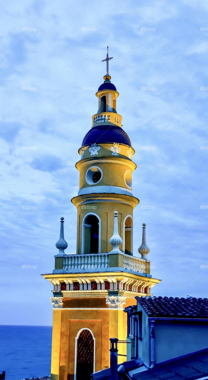 The steeple of Saint Michael the Archangel Basilica/ Basilique Saint Michel Archange in Menton France.