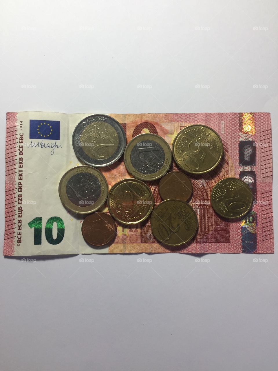 Euro money, coins and 10 euro bill