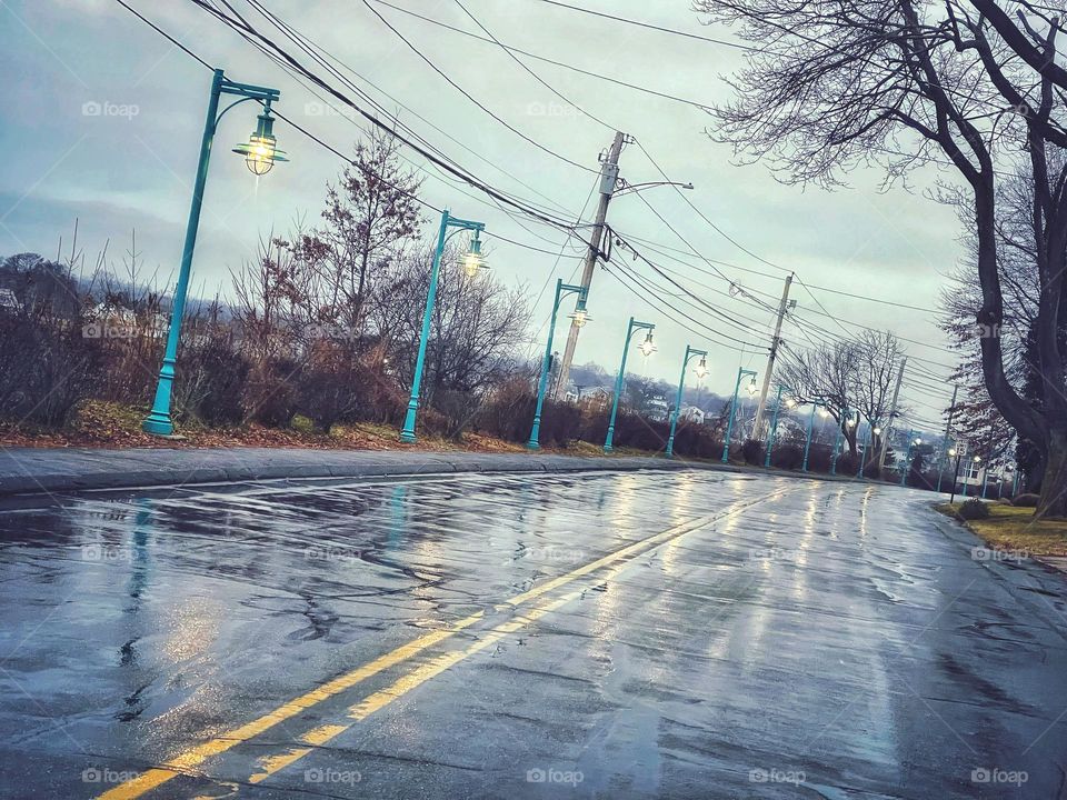 Wet road during a rainy morning 