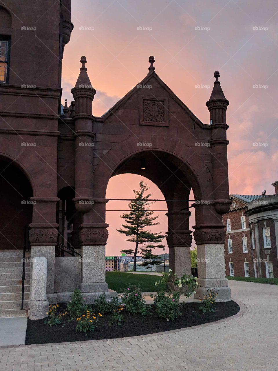 Beautiful, Ornate Brick Arch/Building at Sunset, Pink Skies (Crouse College, Syracuse University, New York)