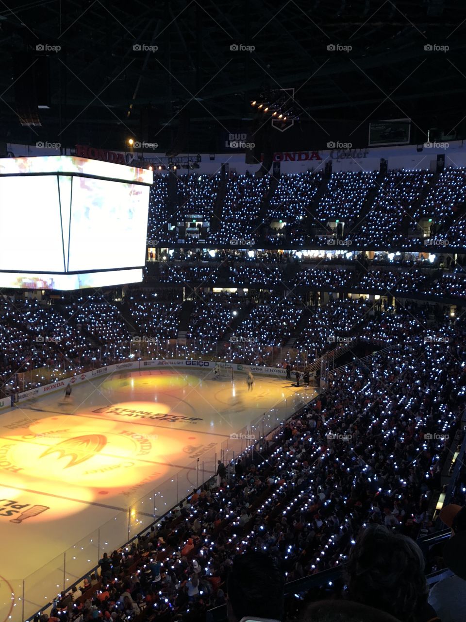 Win or go home. Game one of the ducks vs sharks playoffs series. Lights, music and chants. 