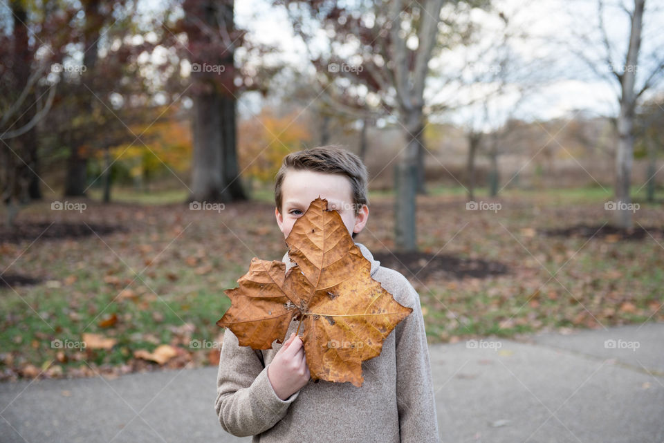 Young boy standing outdoors at a park during the fall and holding a large maple leaf in front of his face