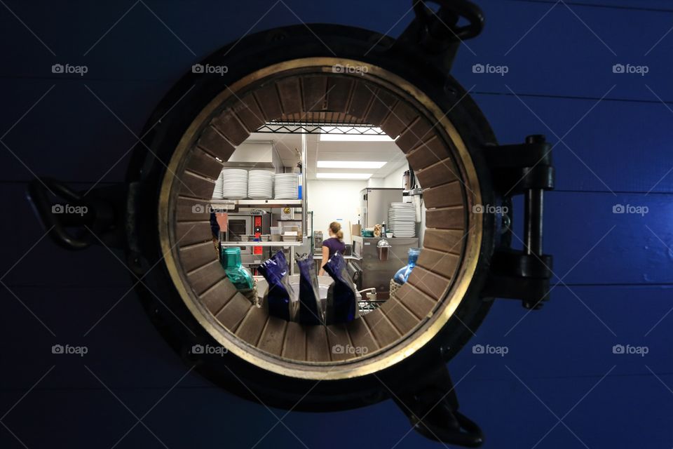 View inside the kitchen via the round window