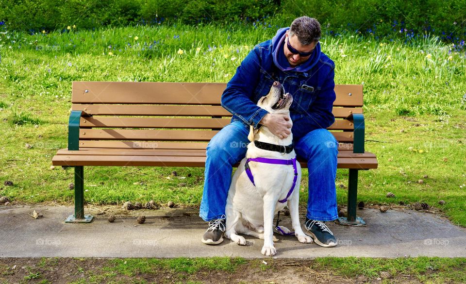 Man petting his dog in the park 