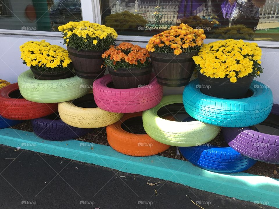 Multi colored tires with flowers