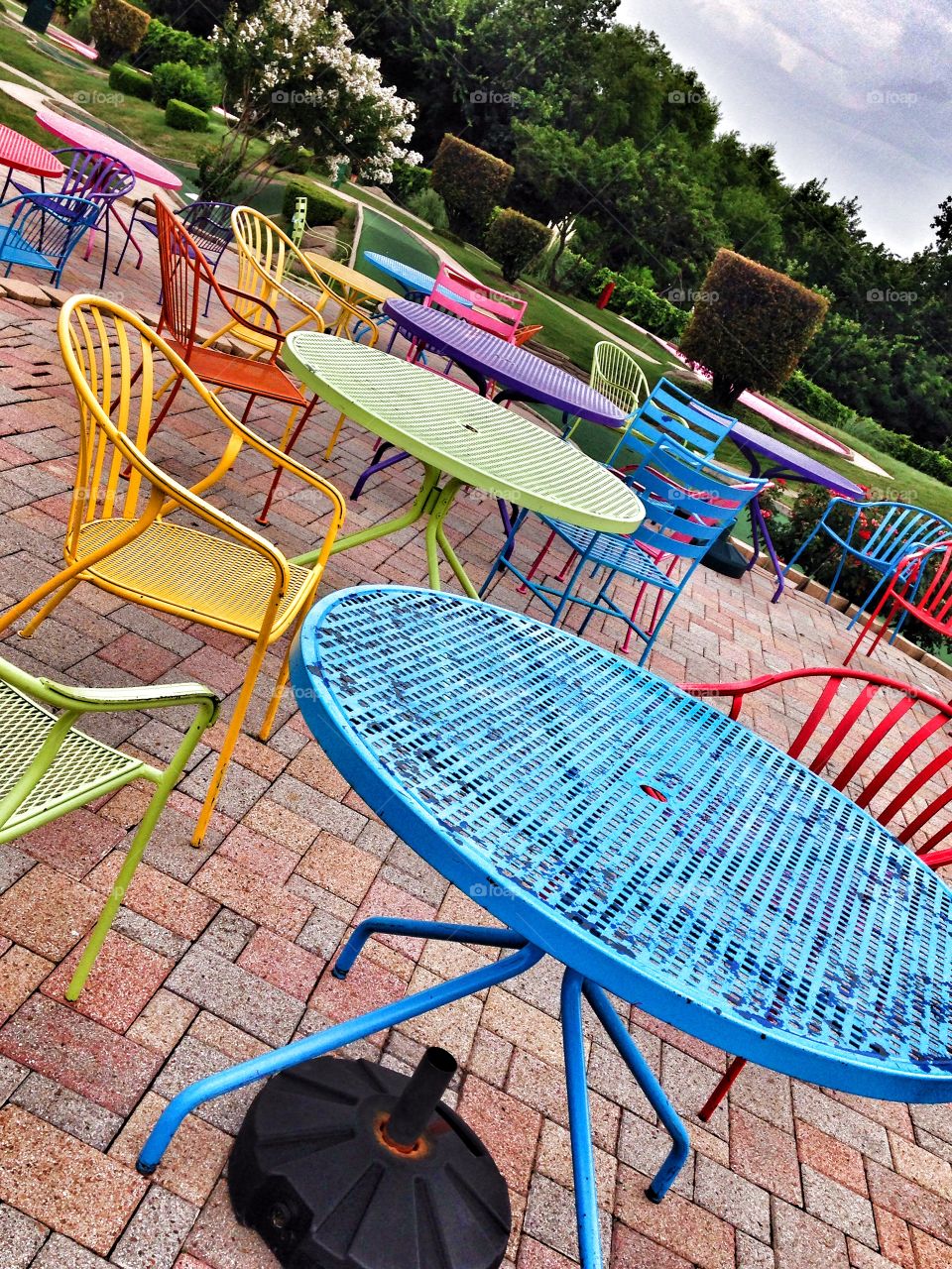 Colors of conversation . Colorful patio furniture at Top Golf