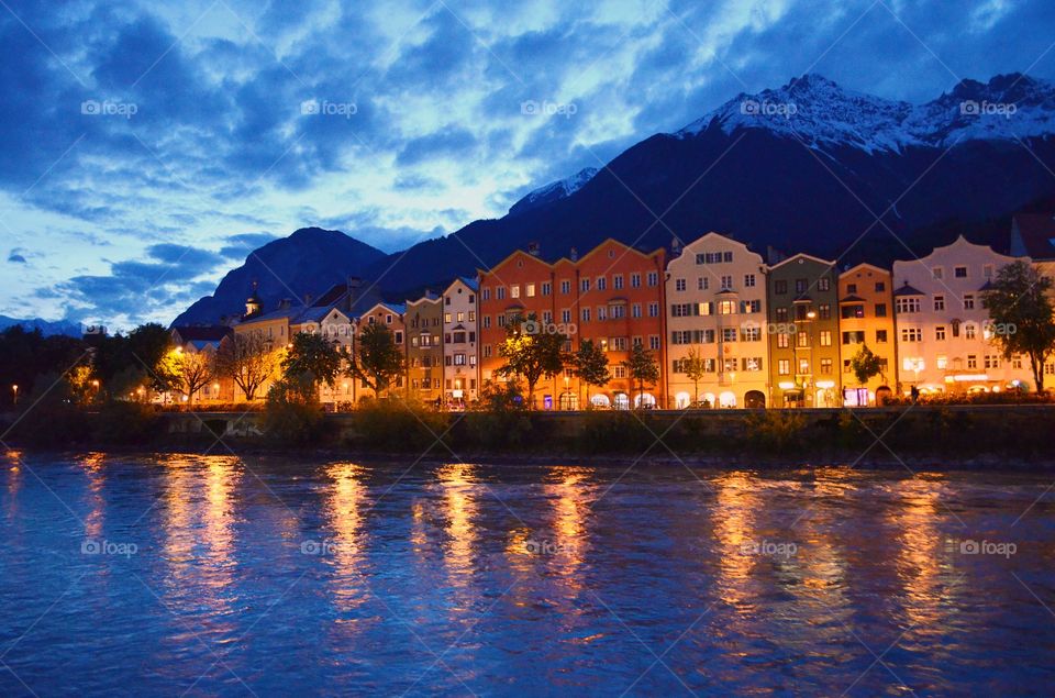 Inn river at night, Innsbruck, Austria.