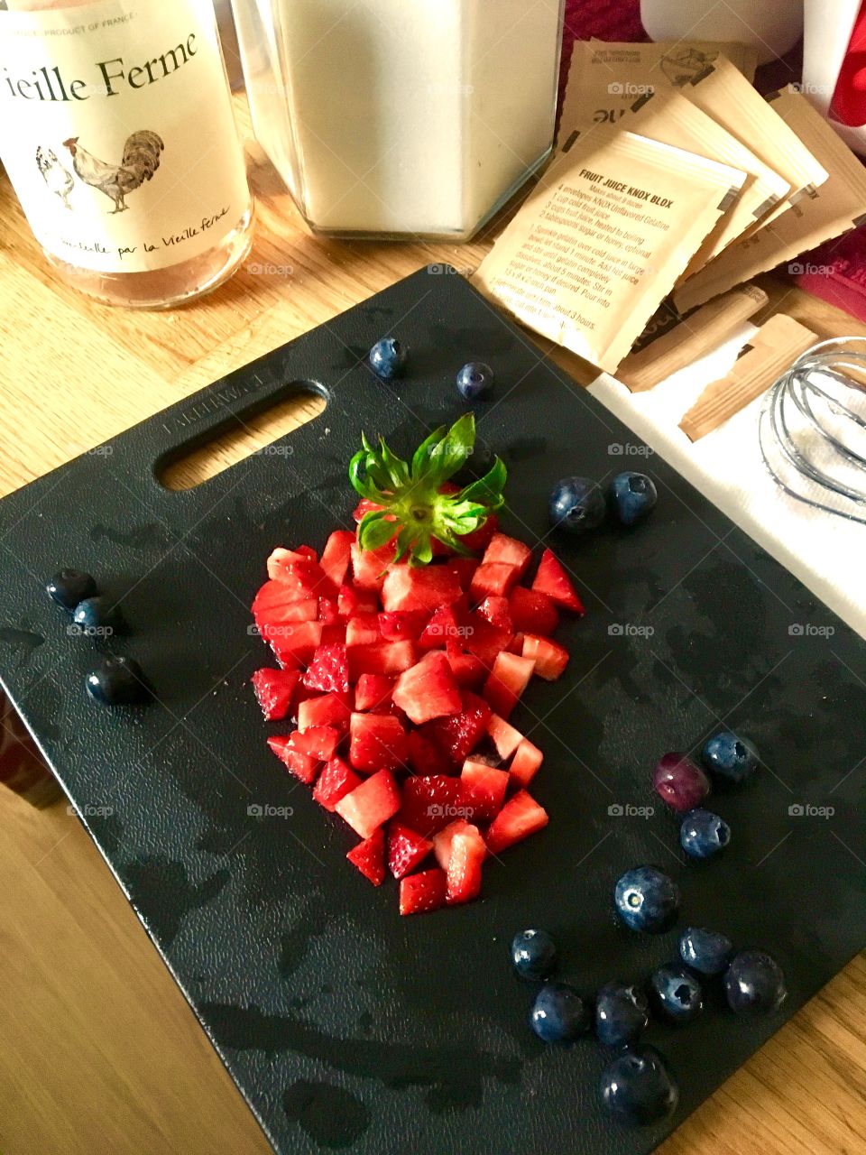 Chopped strawberries and blueberries 