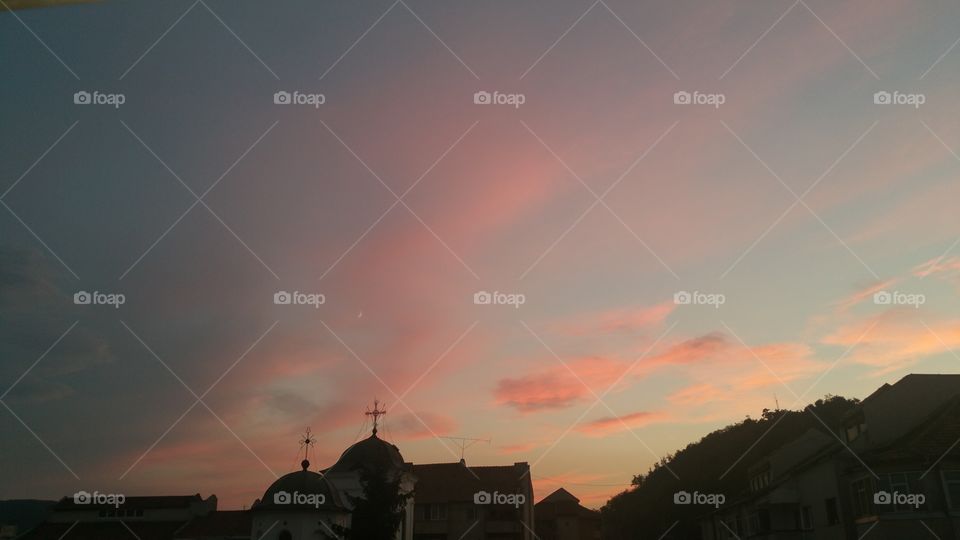 beatiful sunset in the town church steeples