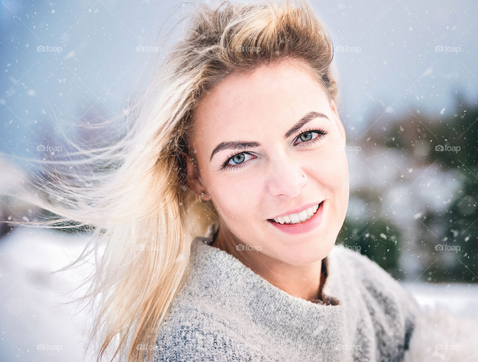 Winter. Hair. Blonde. Smile.