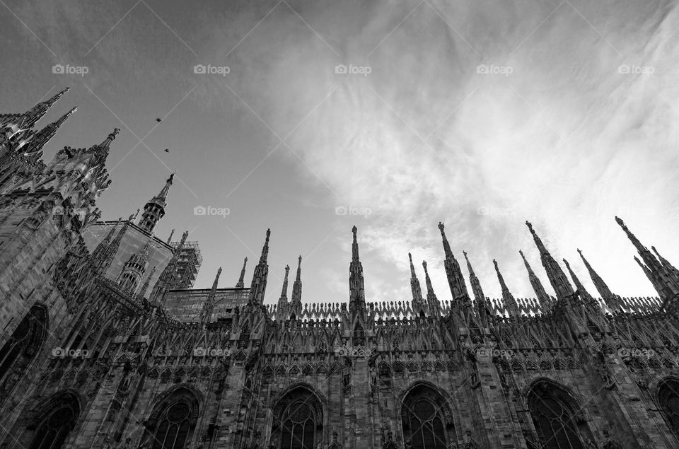 the columns and the Madonnina of the Milan cathedral in a sunny day, shot in monochrome