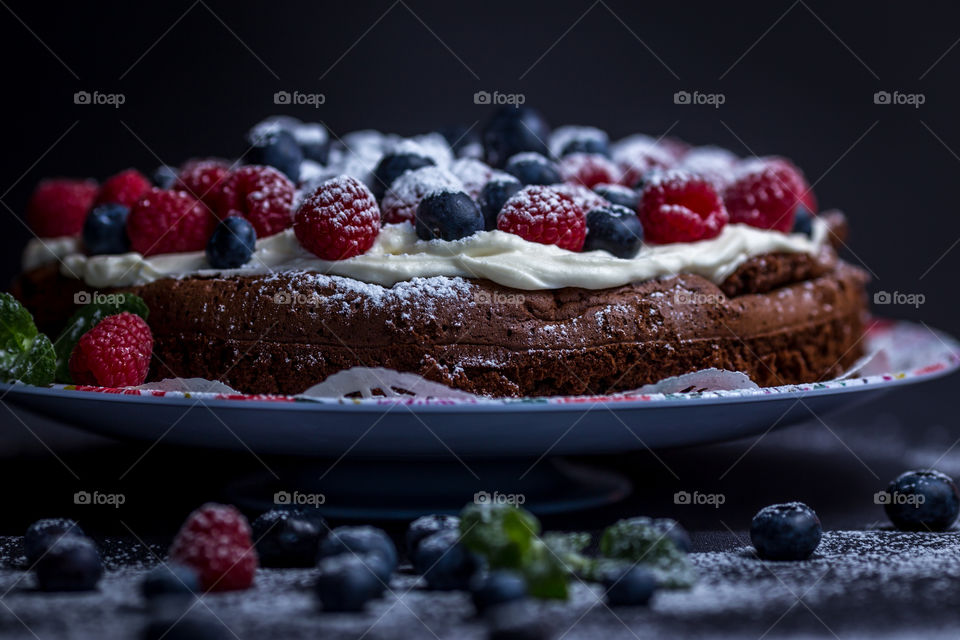 Close-up of cake with sugar powder