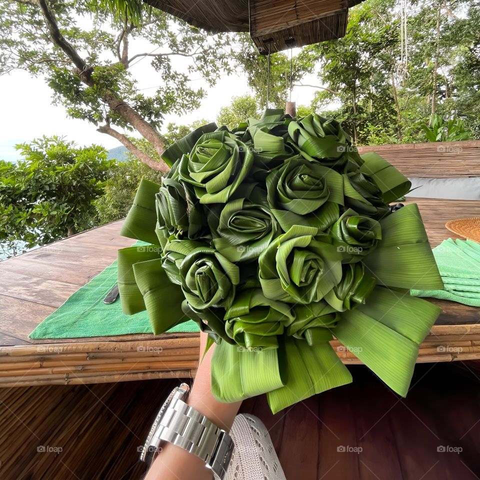 Bouquet of flowers made of leaves, handicrafts