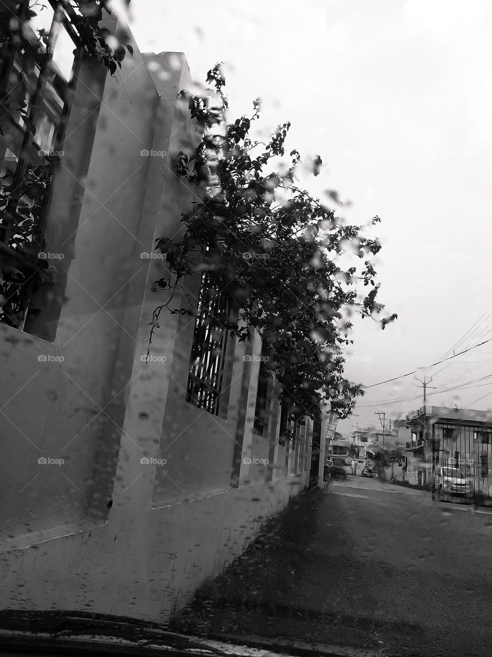 view of a deserted gloomy road  through the wet windscreen