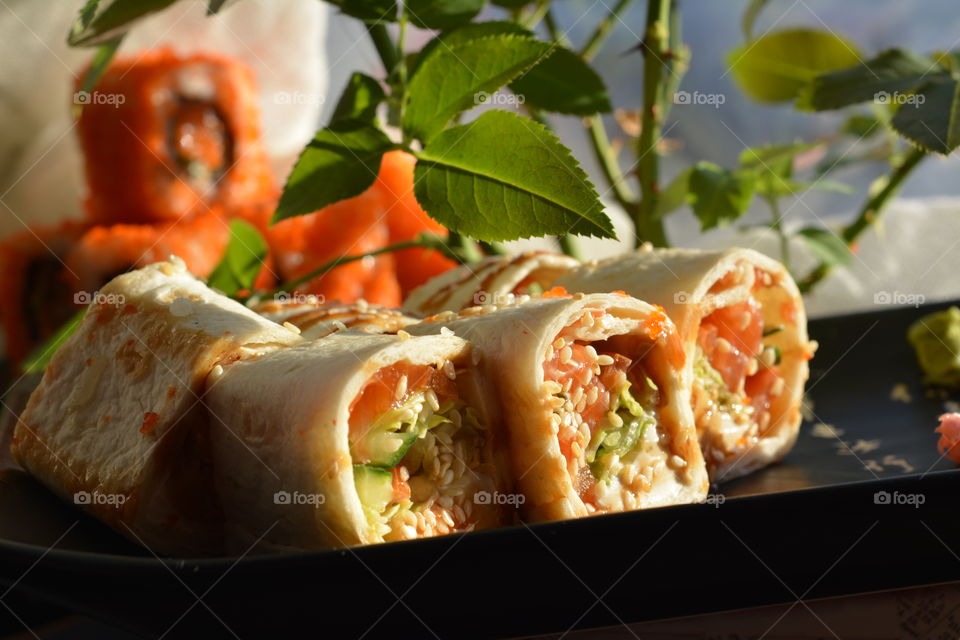 Close-up of rolled sushi