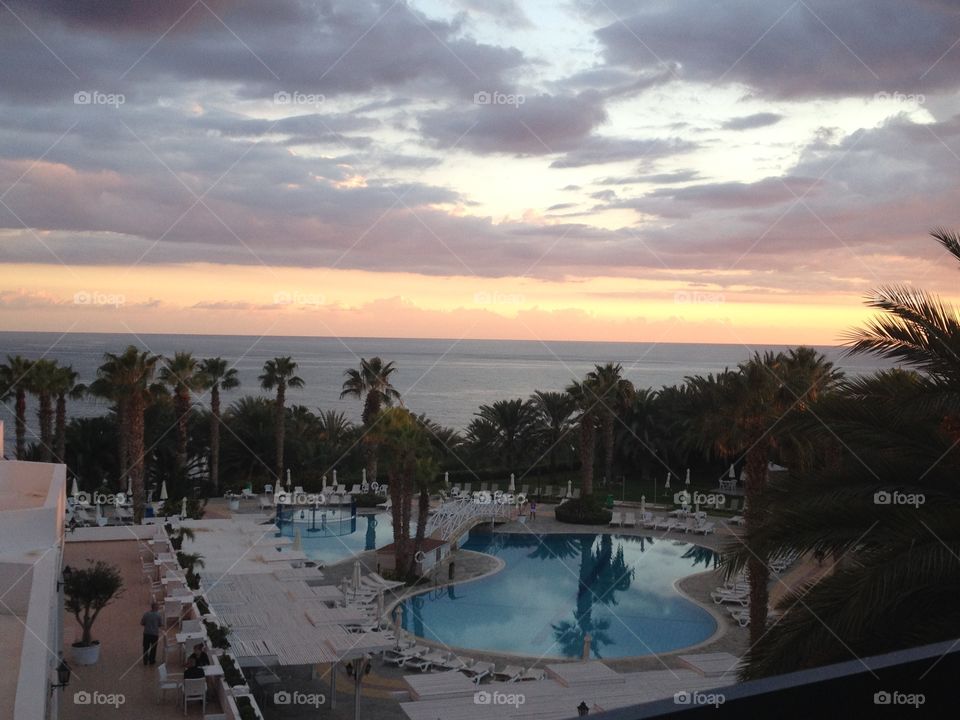 View from my balcony in Cyprus. The beautiful sunset with its coloured sky is quite breathtaking. 