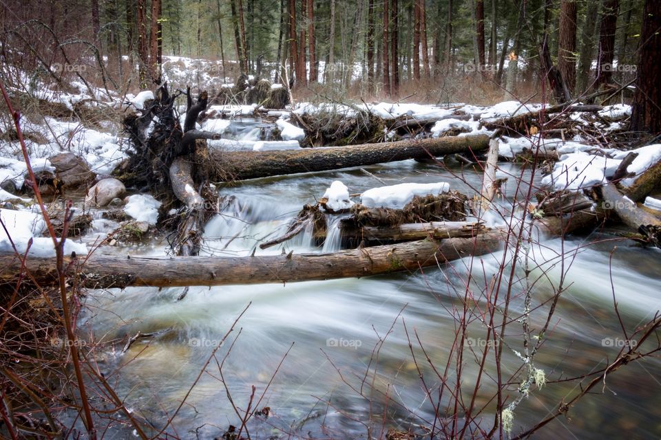 Flowing mountain stream in the winter