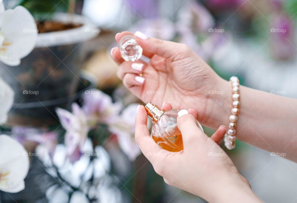 Woman hands holding a bottle of perfume. Feminine and elegance. Opening eau de toilette